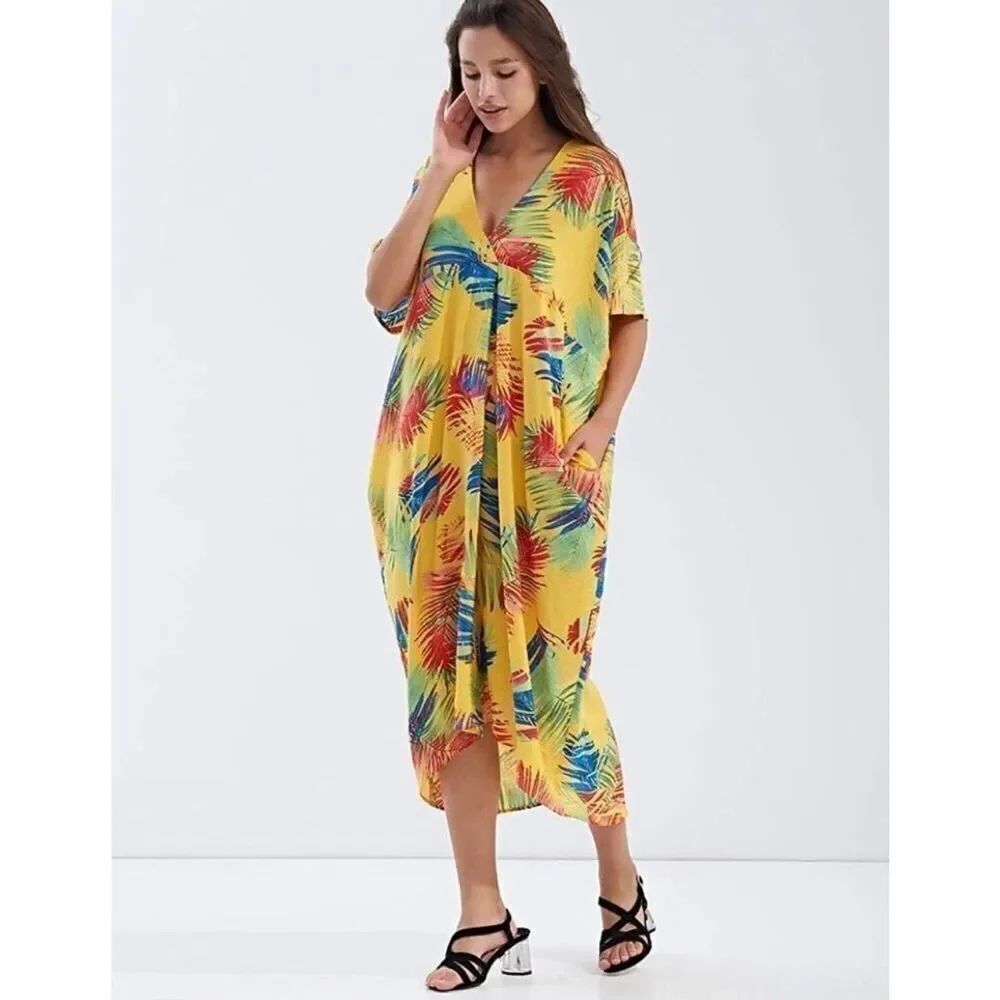 NWT Womens Yumiday Tropical Palm Flowy Airy Dress or Beach Swim Coverup - Sz S